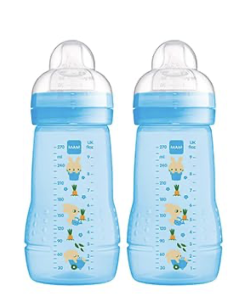 Lot De 2 Biberons MAM Easy Active 270 Ml - Tétine Débit Moyen SkinSoft - Sans BPA, Nettoyage Facile - Violet - 10